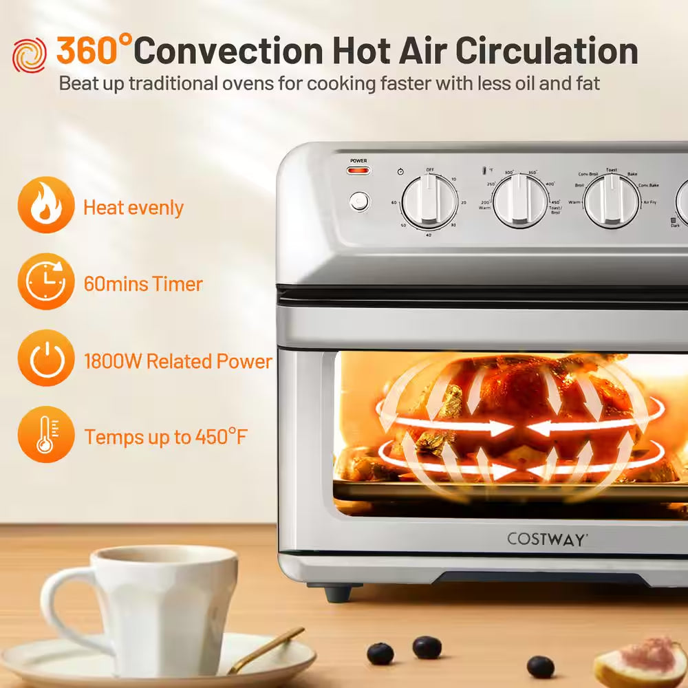 21.5 Qt. Silver Air Fryer Toaster Oven 1800-Watt Countertop Convection Oven with Recipe