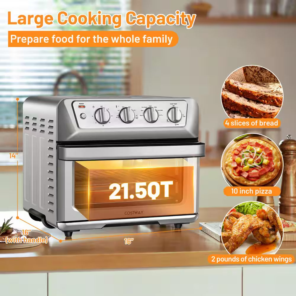 21.5 Qt. Silver Air Fryer Toaster Oven 1800-Watt Countertop Convection Oven with Recipe